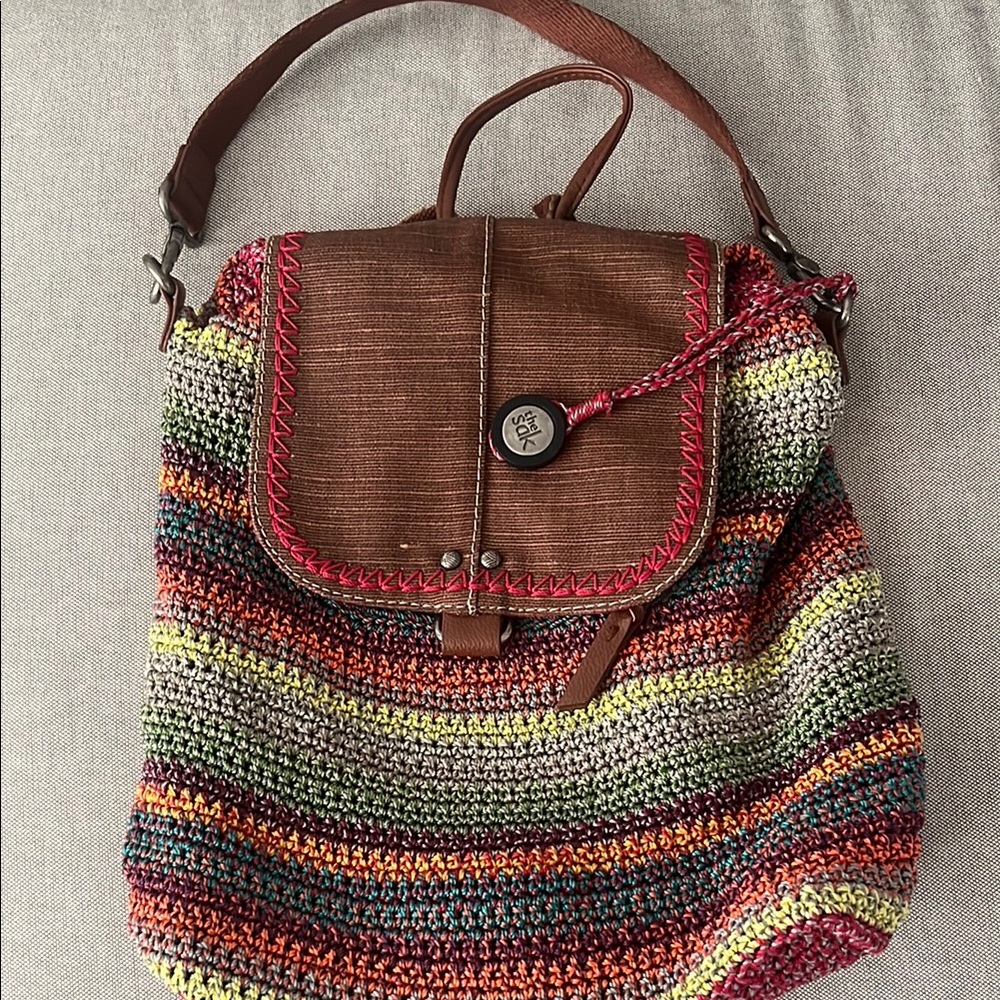 Boho the Sak Avalon Multicolor Crochet Shoulder Bag with Brown Flap.